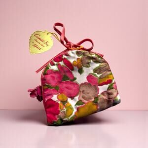 Vintage Kleinerts Cosmetic Bag Floral Pink Multi Compartment Satin Tie MCM